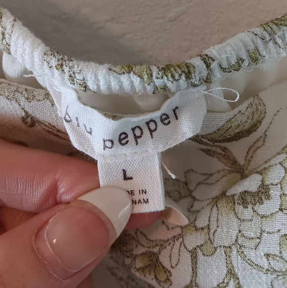 Blu Pepper Modest Square Neck Puff Sleeve White Green Toile Floral Mini Dress L - Picture 13 of 13